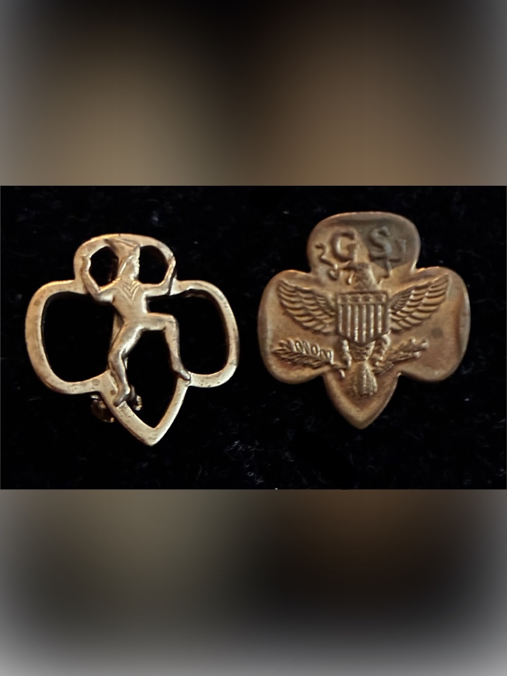 SET OF 2 VINTAGE TREFOIL SHAPE PINS - 1 GIRL SCOUT AND 1 BROWNIE
